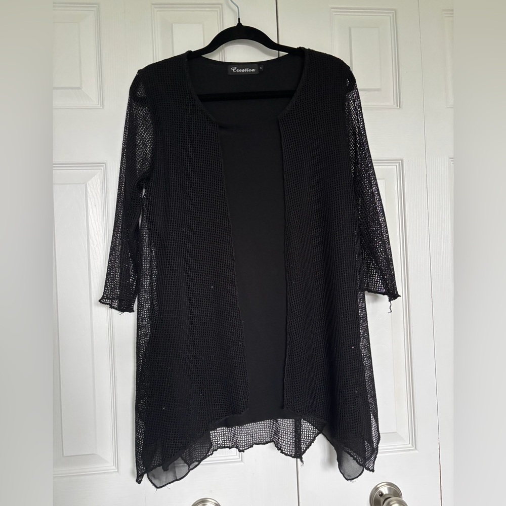 Black Open-Weave Tunic Cardigan